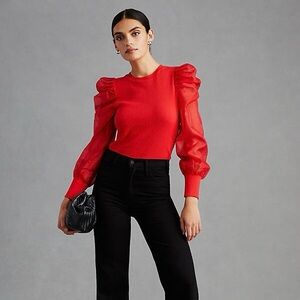 Anthropologie Dolan Sheer Puff-Sleeve Ribbed Top in Red